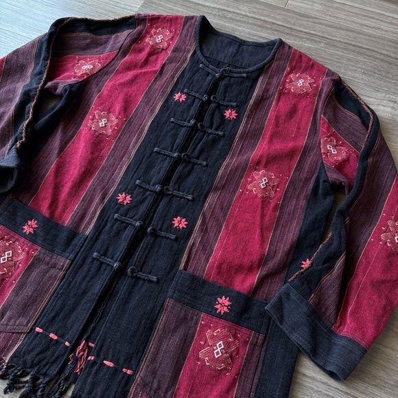 Vintage Black Red Embroidered Fringe Button Jacket - Picture 5 of 7